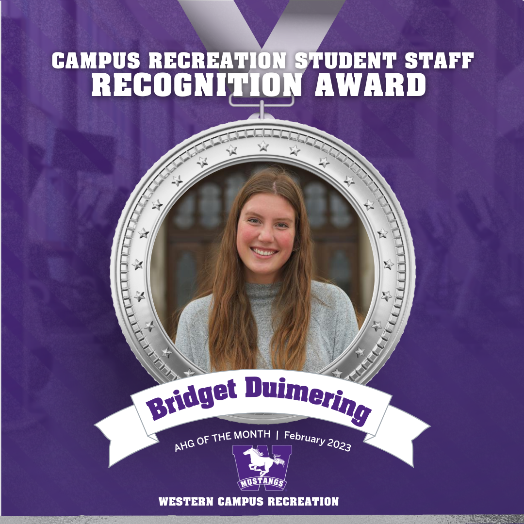 Image of Bridget Duimering inside of silver medal award and a purple mustangs background